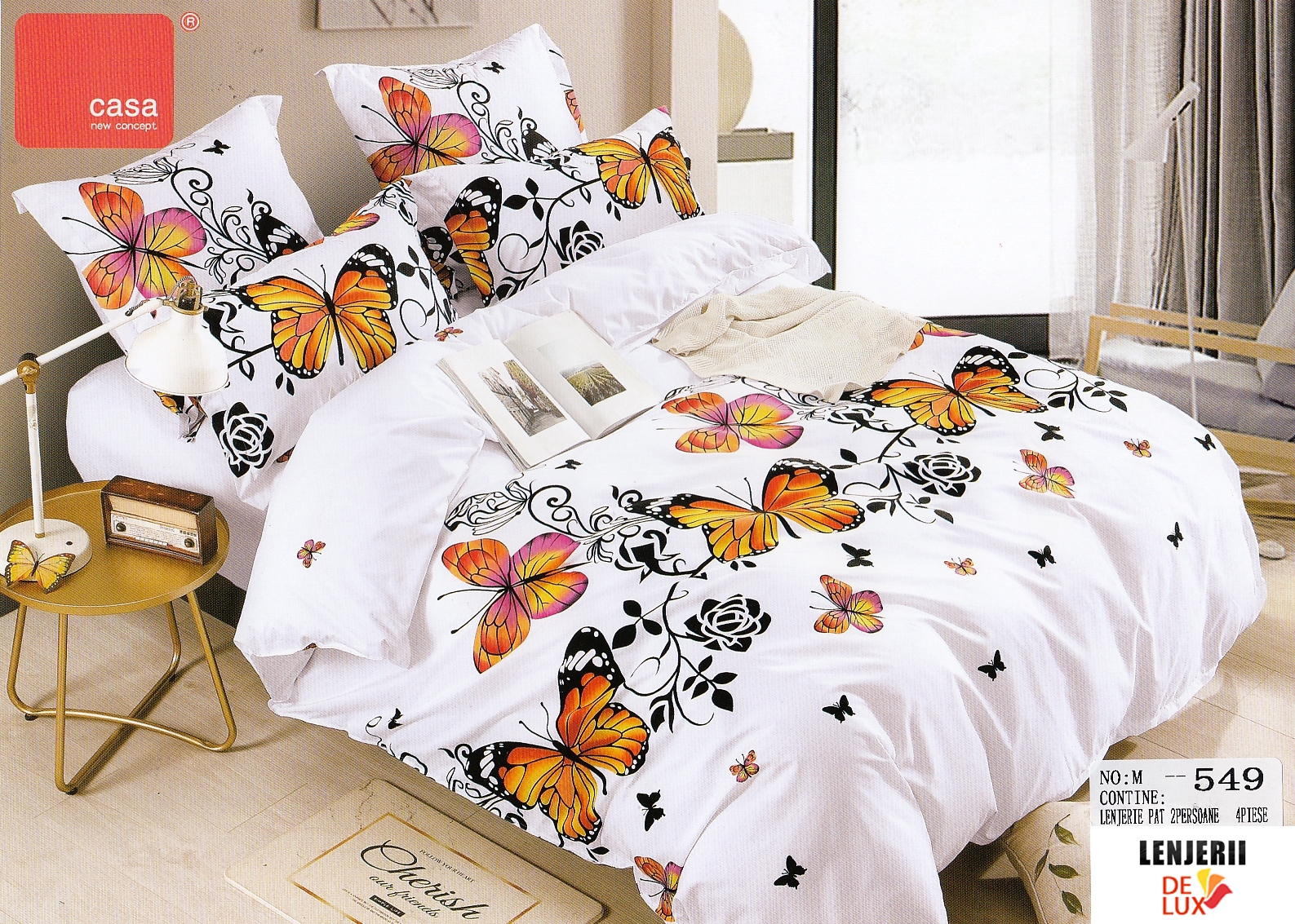 notification Cucumber pork Lenjerie de pat alba cu fluturi multicolori din bumbac satinat Casa New  Fashion formata din 4 piese | Lenjerii-DeLux.ro