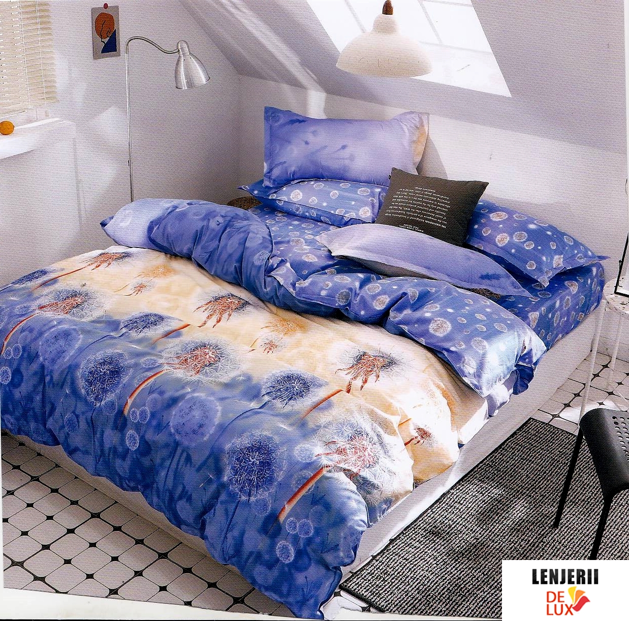 Toepassen Verslaggever geduldig Lenjerie de pat din bumbac satinat albastra cu papadii + PILOTA CADOU 036 |  Lenjerii-DeLux.ro