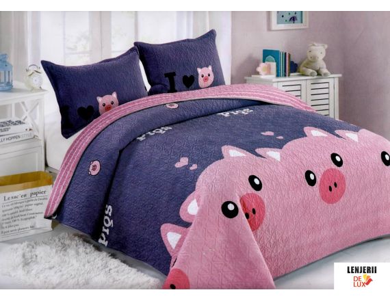 Cuvertura de pat copii din catifea cu porcusor roz formata din 3 piese