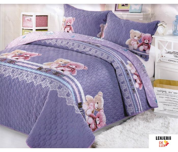 Cuvertura de pat pentru copii din catifea cu ursuleti formata din 3 piese 