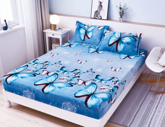 Husa de pat 180x200 cm + 2 fete de perna 50x80 cm Cocolino cu fluturi albastri