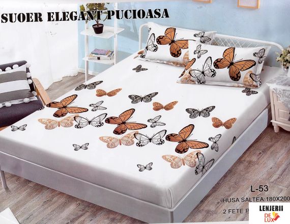 Husa de pat alba cu fluturi + 2 fete de perna - Saltea 180x200