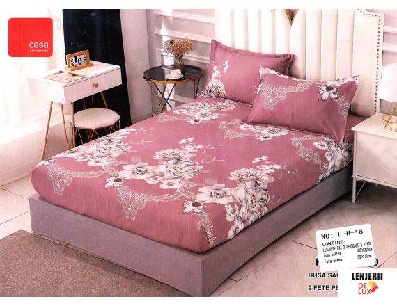 Husa de pat lila cu imprimeu + 2 fete de perna - Saltea 180x200