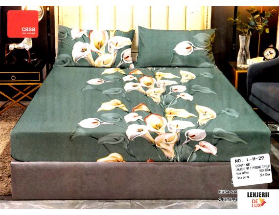 Husa de pat verde cu imprimeu + 2 fete de perna - Saltea 180x200