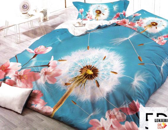 Lenjerie de pat din bumbac satinat de culoare albastra Fashion Casa 4 piese 