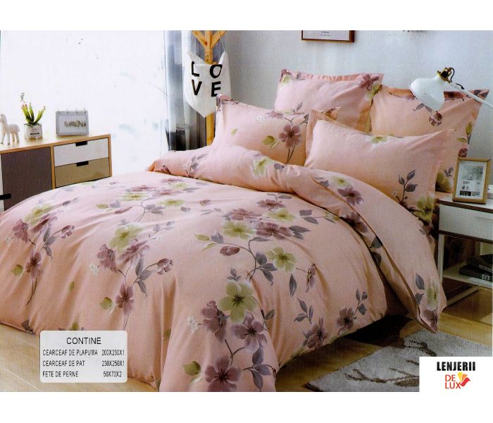 Lenjerie de pat din bumbac 4 piese roz pudrat cu flori + PILOTA CADOU 022