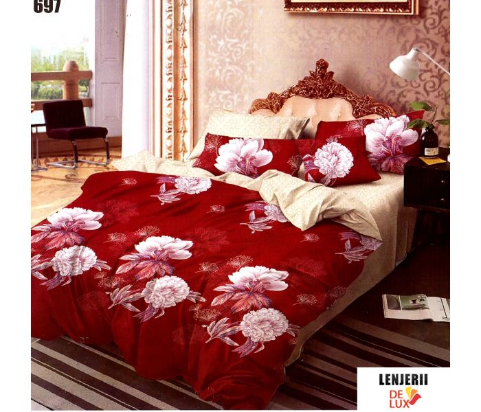 Lenjerie de pat rosie cu flori din finet formata din 6 piese