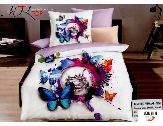 PILOTA+2 PERNE+Lenjerie de pat cu fluturi din bumbac satinat Fashion Casa 5D 4 piese 