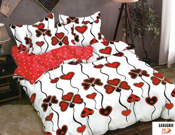 Lenjerie de pat alb rosu cu inimioare si buline din finet formata din 6 piese