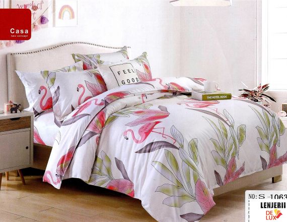 Lenjerie de pat alba cu flamingo din bumbac satinat Casa New Concept formata din 6 piese