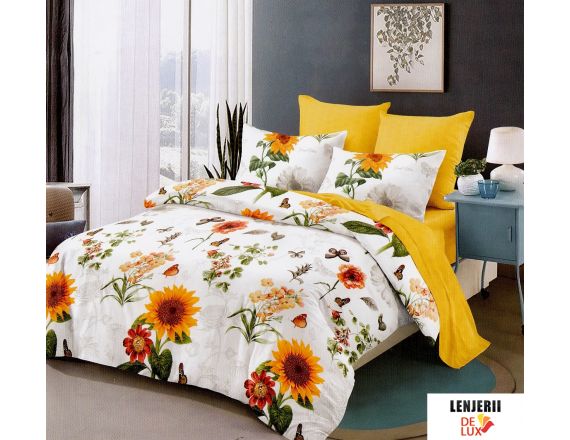 Lenjerie de pat alba cu floarea soarelui din bumbac tip finet 6 piese