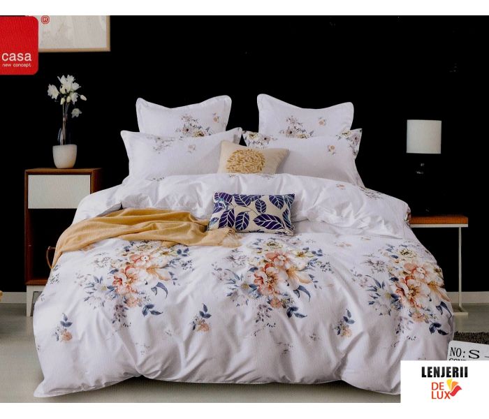 Lenjerie de pat alba cu flori din bumbac satinat Casa New Concept formata din 6 piese