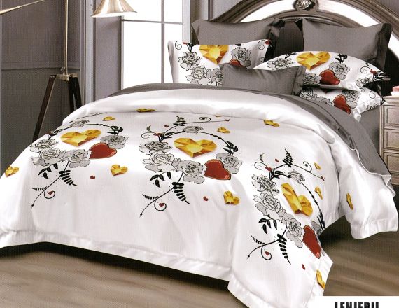 Lenjerie de pat alba cu flori din finet Pucioasa formata din 6 piese