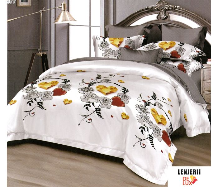 Lenjerie de pat alba cu flori din finet Pucioasa formata din 6 piese
