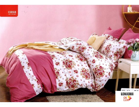 Lenjerie de pat alba cu flori roz din bumbac satinat 6 piese L