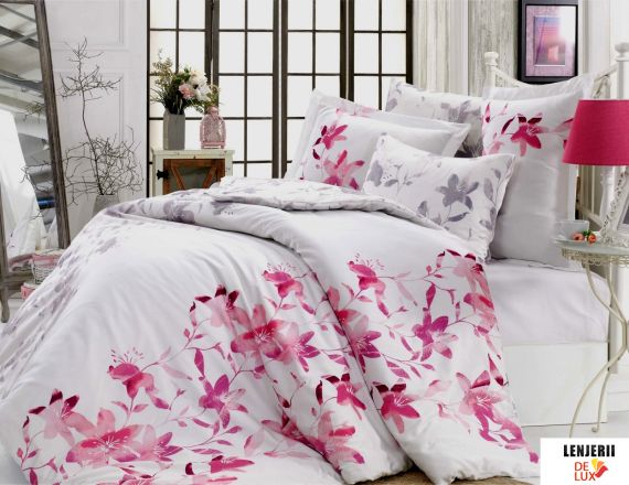 Lenjerie de pat alba cu flori roz din bumbac satinat Hobby formata din 6 piese Lucia