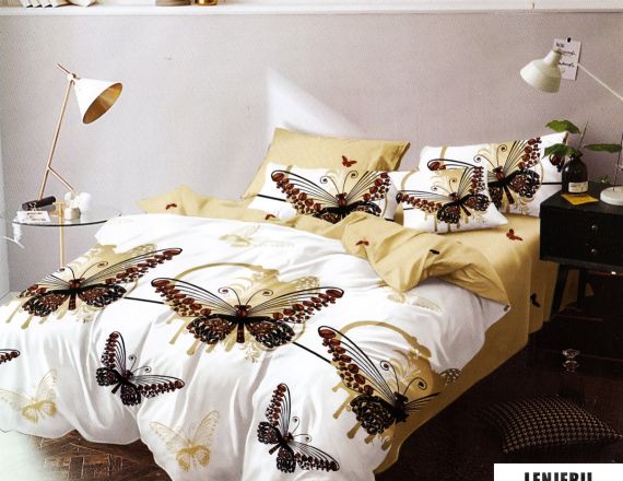 Lenjerie de pat alba cu fluturi bej din bumbac tip finet 1 persoana formata din 4 piese