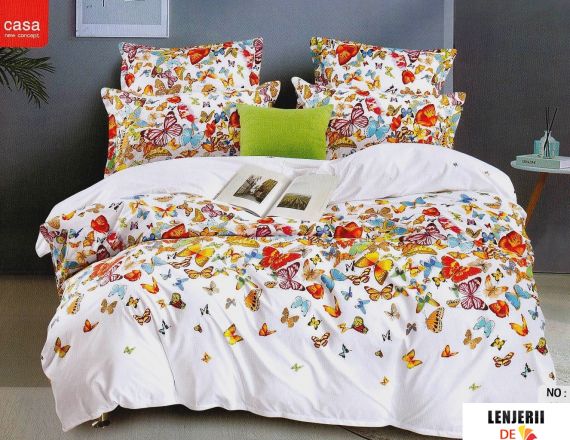 Lenjerie de pat alba cu fluturi colorati din bumbac satinat formata din 6 piese