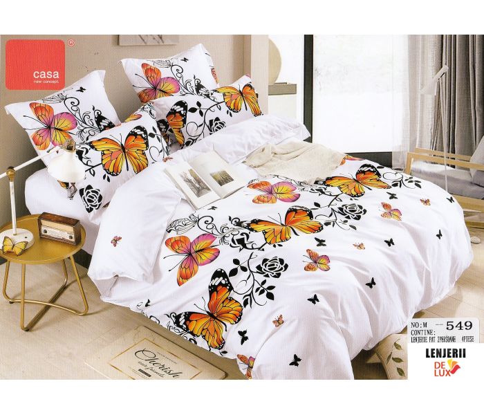Lenjerie de pat alba cu fluturi multicolori din bumbac satinat Casa New Fashion formata din 4 piese