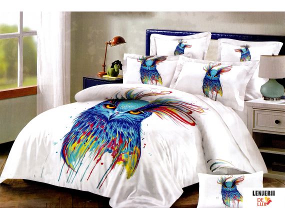 Oferta TRIO Lenjerie de pat alba cu imprimeu colorat din finet Casa New Concept formata din 6 piese