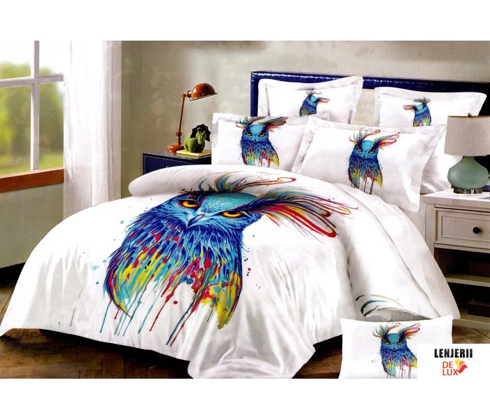 Oferta TRIO Lenjerie de pat alba cu imprimeu colorat din finet Casa New Concept formata din 6 piese