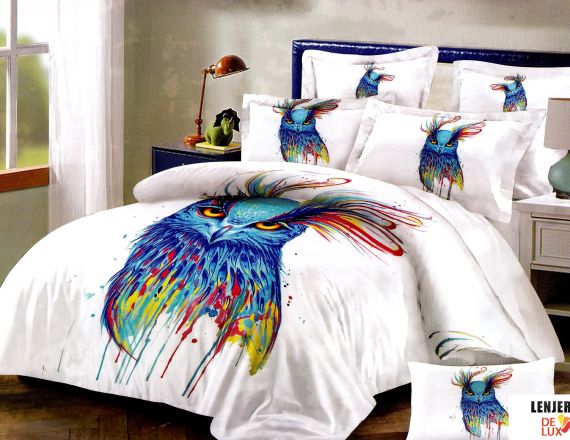 PILOTA+2 PERNE+Lenjerie de pat alba cu imprimeu colorat din finet Casa New Concept formata din 6 piese