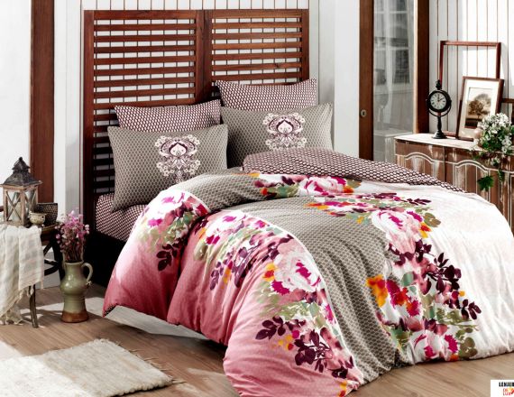 Lenjerie de pat alba cu imprimeuri florale din bumbac ranforce Hobby formata din 4 piese