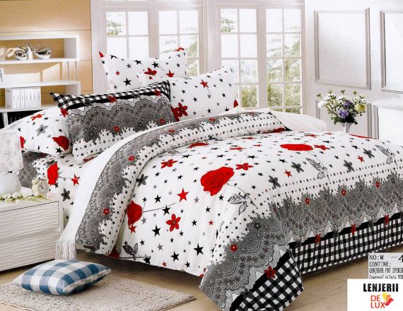 Lenjerie de pat alba cu imprimeuri gri din bumbac satinat Casa New Fashion formata din 6 piese 