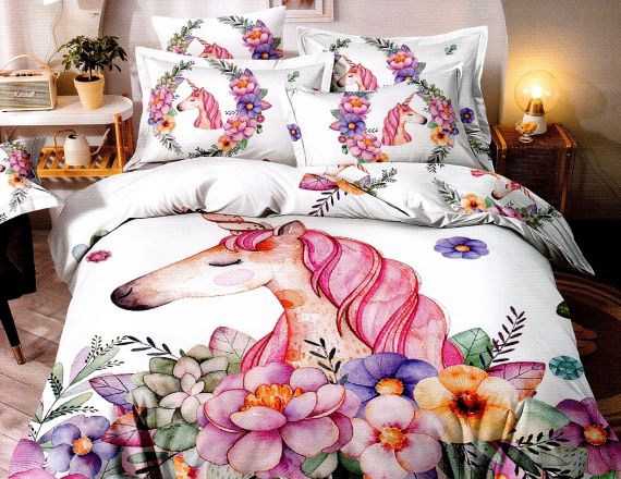 Lenjerie de pat alba cu unicorn pentru copii din finet formata din 6 piese