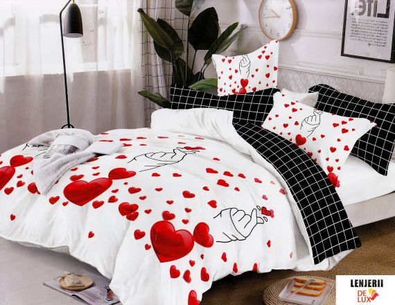 Oferta TRIO Lenjerie de pat alba din finet cu inimioare rosii formata din 6 piese
