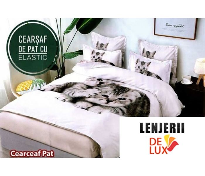 1+1 GRATIS Lenjerie de pat cu elastic alba din finet cu pisicute gri formata din 6 piese