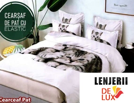Oferta TRIO Lenjerie de pat cu elastic alba din finet cu pisicute gri formata din 6 piese