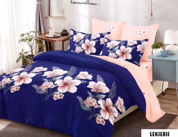 Lenjerie de pat albastra cu flori din finet formata din 6 piese
