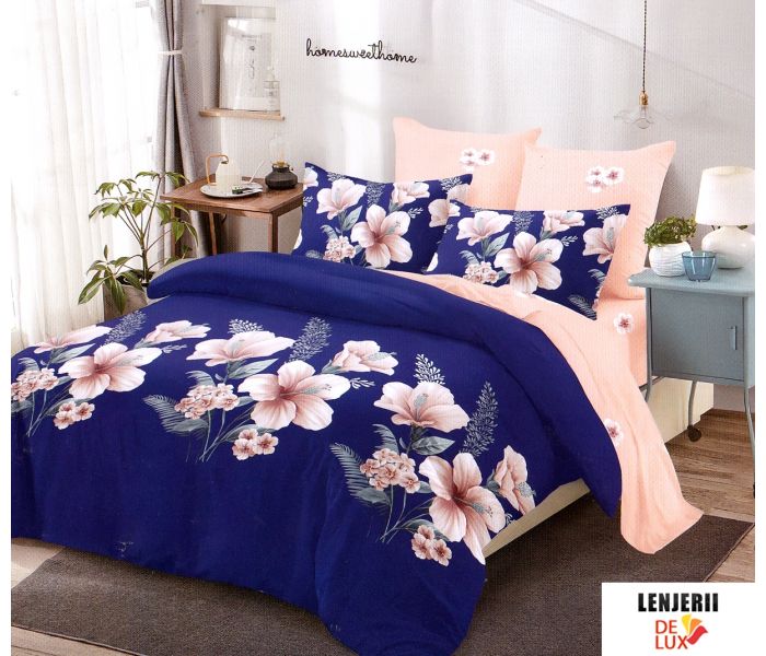 Lenjerie de pat albastra cu flori din finet formata din 6 piese + PILOTA CADOU