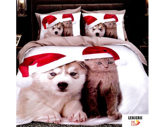 Lenjerie de pat cu elastic Colectia Mos Craciun cu catelusi si pisicute formata din 6 piese