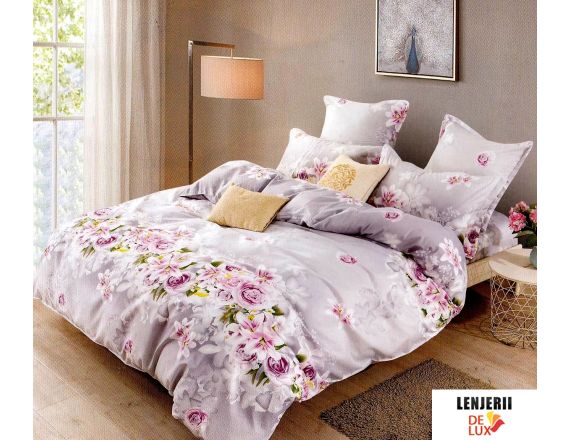 Lenjerie de pat cu flori lila din bumbac satinat formata din 4 piese + PILOTA CADOU