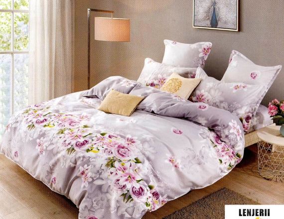 1+1 Gratis Lenjerie de pat cu flori lila din bumbac satinat formata din 4 piese