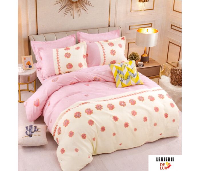 PILOTA+2 PERNE+Lenjerie de pat cu flori roz din finet formata din 6 piese