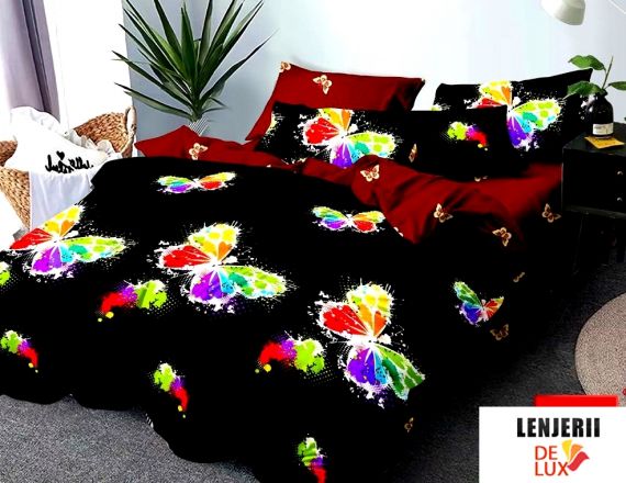 Lenjerie de pat neagra cu fluturi colorati din finet formata din 6 piese