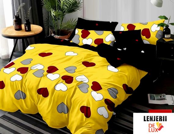 Lenjerie de pat negru cu galben cu inimioare colorate din finet Casa New Concept formata din 6 piese