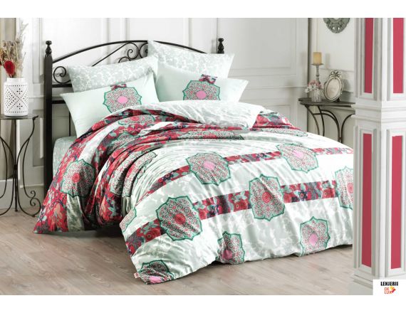 Lenjerie de pat verde cu imprimeuri florale din bumbac ranforce Hobby formata din 4 piese
