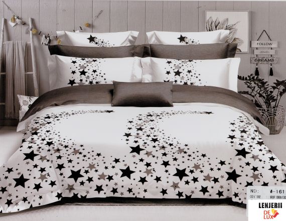 Lenjerie de pat din bumbac satinat alba cu stelute gri Casa New Fashion formata din 4 piese