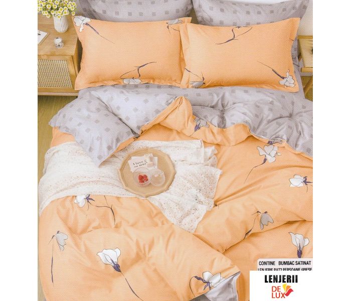 Lenjerie de pat din bumbac satinat bej cu floricele Super Elegant Pucioasa 6 piese