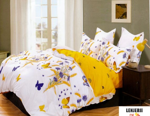 Lenjerie de pat din bumbac satinat cu flori imprimate Casa New Fashion 6 piese + PILOTA CADOU