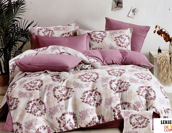 Lenjerie de pat din bumbac satinat cu flori lila Casa New Fashion 4 piese