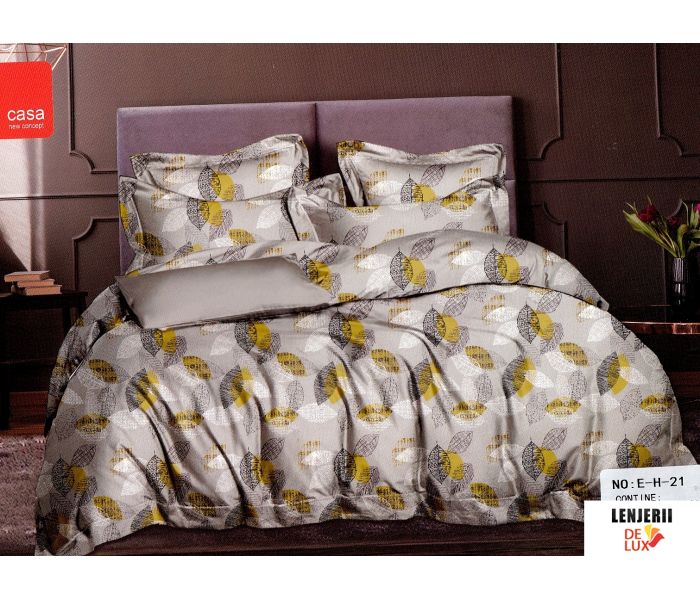 Lenjerie de pat din bumbac satinat gri cu frunze Casa New Fashion formata din 6 piese