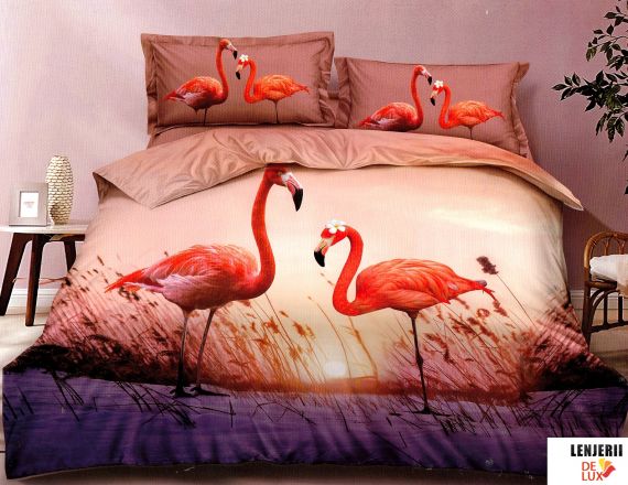 Lenjerie de pat din finet cu flamingo formata din 6 piese
