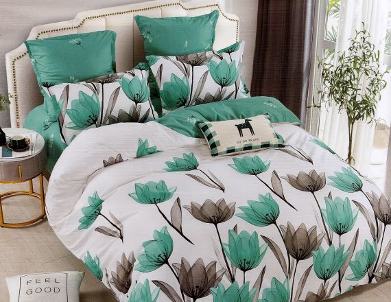 Lenjerie de pat din finet cu flori turcoaz formata din 6 piese