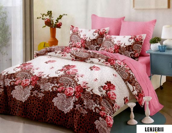 Lenjerie de pat din finet cu imprimeuri maro si trandafiri formata din 6 piese