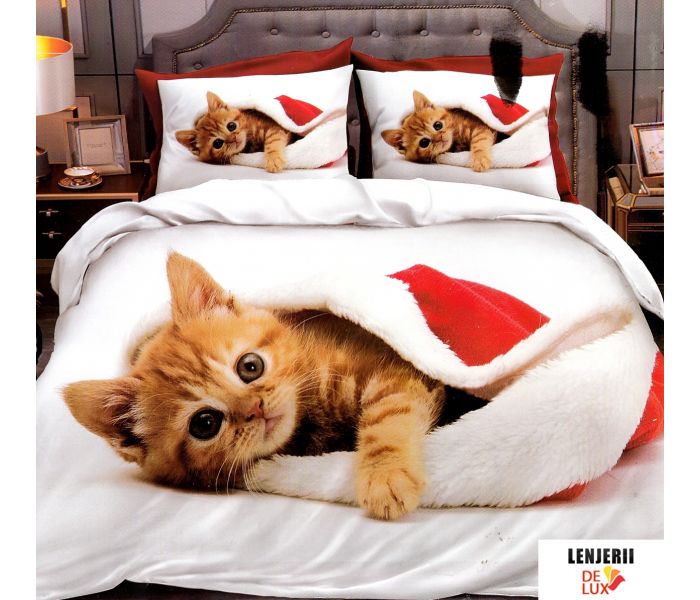 Lenjerie de pat din finet cu pisicuta formata din 6 piese Colectia Mos Craciun